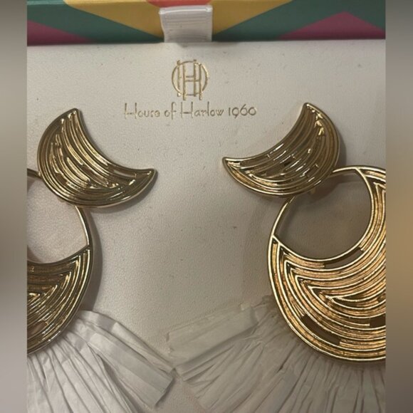 House of Harlow Raffia Earrings White Gold Tone Fans Fringe Big Statement Light - Picture 3 of 5